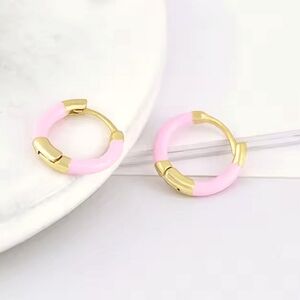 Soft pink colored enamel minimalist huggie earrings .925 sterling; nwot